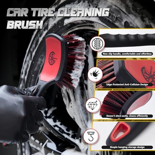 BMLEI Wheel & Tire Brush Set, 2 Pack Car Wheel Brush & Tire Cleaner Brushes, Soft Bristle Rim Brush and Stiff Tire Scrub Brush, Scratch-Free Wheel Cleaning Kit for Car Detailing, Trucks, SUVs - color: Red&black