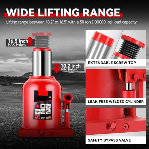 Auto Dynasty 50 Ton Hydraulic Bottle Jack, Automotive Welded Bottle Jack for Car, Pickup Truck, RV, Auto Repair, 10" to 16.5" Lifting Range (Red) - color: Red, size: 50 Ton