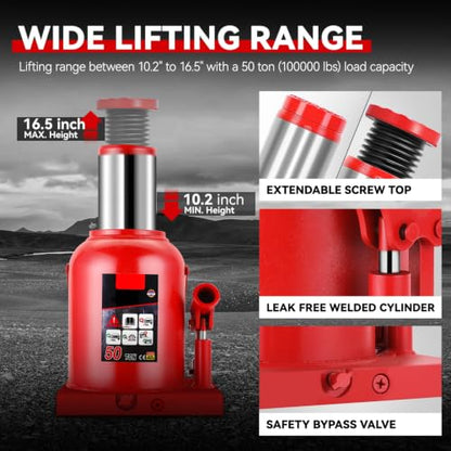 Auto Dynasty 50 Ton Hydraulic Bottle Jack, Automotive Welded Bottle Jack for Car, Pickup Truck, RV, Auto Repair, 10" to 16.5" Lifting Range (Red) - color: Red, size: 50 Ton