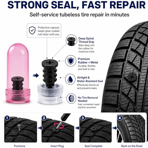 Yovimak60 Pcs Tire Plug Kit, Screw-in Repair Plugs with Screwdriver and Storage Case, Rubber Nail Set for Tubeless Tire Punctures, Emergency Repair for Cars, Motorcycles, Trucks, Bikes(60)