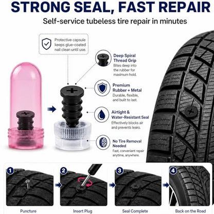 20 Pcs Tire Plug Kit, Screw in Repair Plugs with Screwdriver and Storage Case, Rubber Nail Set for Tubeless Punctures, Emergency Fix for Cars, Motorcycles, Trucks, Bikes (20)