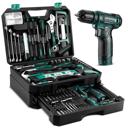 Tool Set: Tool Kit with 12V Cordless Drill, Hand Toolbox with storage case, Mechanic Tool set for Home Repairs, Green - color: Green