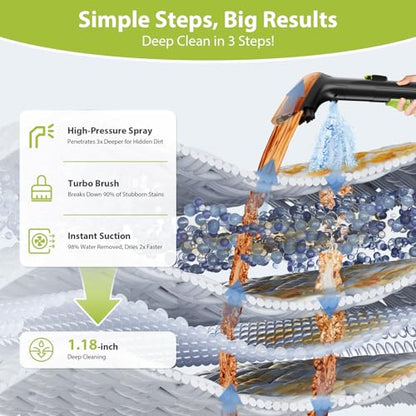 Upholstery Carpet Cleaner, MUJERBAY 15Kpa Portable Spot and Stain Cleaner Shampooer, Easy Move with Handle, 1.5-inch Deep Cleaning Machine for Couch, Stairs, Car and Pet Messes. - color: Black Green