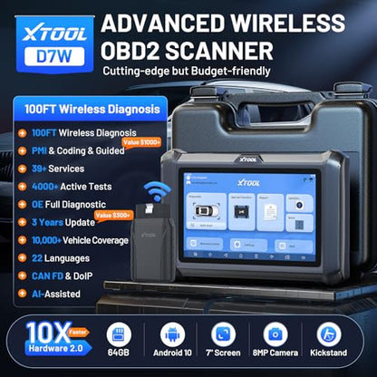 XTOOL D7W OBD2 Scanner Diagnostic Tool: 2026 Wireless Ver. of D7/D7S/D7BT, AI-Assisted Bidirectional Scan Tool with Full System Diagnostic, PMI, ECU Coding, 39+ Resets, CAN FD/DoIP, Scanner for Car