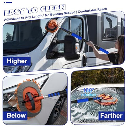 26Ft Reach Car Wash Kit with 5-20FT Telescopic Extension Pole, Car Wash Brush with Long Handle, Wheel Tire Brush, Car Wash Mop, Mitt, Squeegee for Cleaning Car, SUV, RV, Boats, Solar Panels