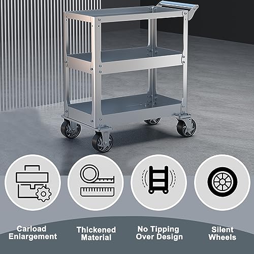3-Tier 14 Gauge Stainless Steel Utility Cart, 1100 lbs Heavy Duty Service Cart with Wheels, Rolling Tool Cart on Wheels for Mechanic, Garage, Workshop, Warehouse, 15.75" D x 30.7" W x 36.2" H