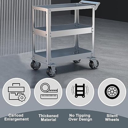 3-Tier 14 Gauge Stainless Steel Utility Cart, 1100 lbs Heavy Duty Service Cart with Wheels, Rolling Tool Cart on Wheels for Mechanic, Garage, Workshop, Warehouse, 15.75" D x 30.7" W x 36.2" H