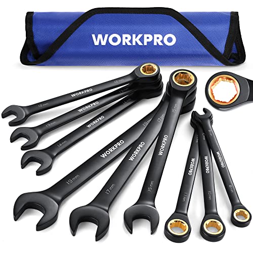WORKPRO 9-Piece Anti-Slip Ratcheting Combination Wrench Set, Metric 8-19 mm, 72-Teeth, Cr-V Constructed, Black Ratchet Wrenches Set with Roll Up Pouch - style: Metric
