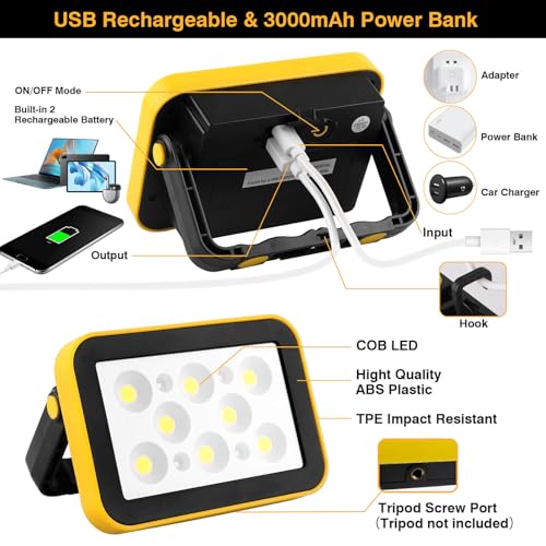 AUMIO 2-Pack Rechargeable LED Work Light, Portable Flood Light with 5 Modes | 3000LM Brightness | USB-C Rechargeable | Foldable Stand | Wide Floodlight Beam | Ideal for Garage & Camping - color: COB 2-Pack