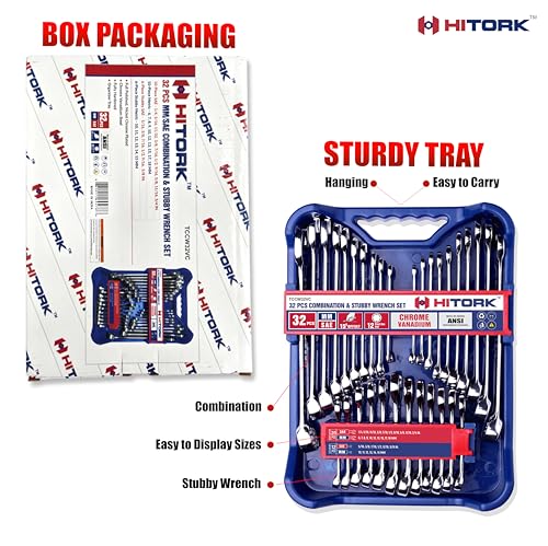 HITORK 32 Piece Wrench Set SAE & Metric 20 Standard & 12 Stubby Combination Wrenches Cr-V Steel 12-Point Mirror Finish 15° Offset with Organizer Tray Ideal for Auto & Home Repair - style: 32 Piece Set SAE & Metric