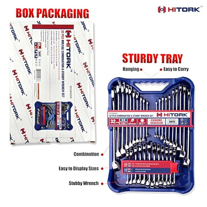 HITORK 32 Piece Wrench Set SAE & Metric 20 Standard & 12 Stubby Combination Wrenches Cr-V Steel 12-Point Mirror Finish 15° Offset with Organizer Tray Ideal for Auto & Home Repair - style: 32 Piece Set SAE & Metric