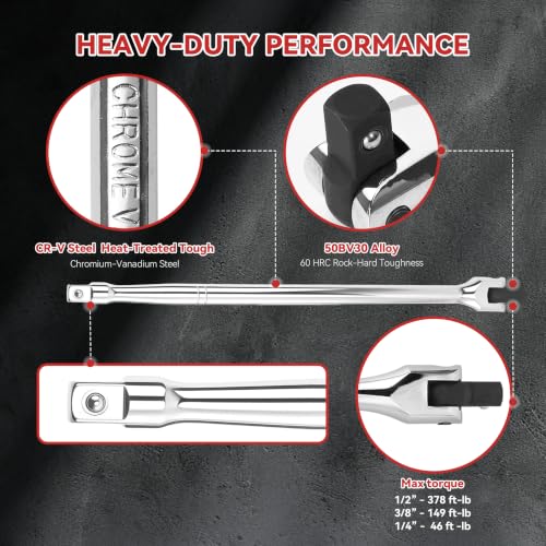 10PC Breaker Bar Set, Dual-end 3 Extension Bars, 3/8", 1/2" 1/4" Drive | 3/8", 1/2" and 1/4" Drive, 180° Rotatable Head, 6'', 10'', 15'' Length, 3 Extension Bars, Organizer Case - style: Dual-ended