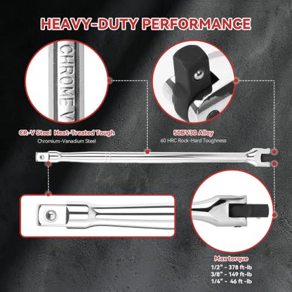 10PC Breaker Bar Set, Dual-end 3 Extension Bars, 3/8", 1/2" 1/4" Drive | 3/8", 1/2" and 1/4" Drive, 180° Rotatable Head, 6'', 10'', 15'' Length, 3 Extension Bars, Organizer Case - style: Dual-ended