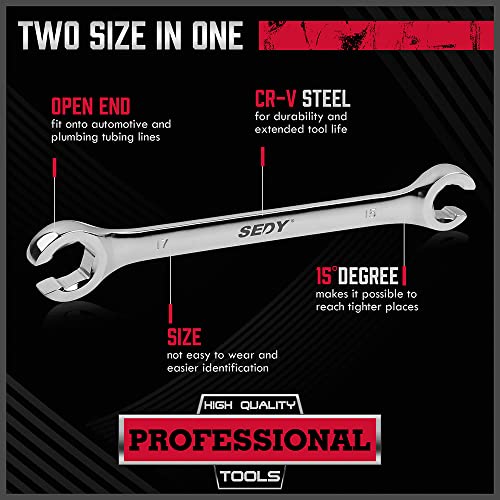 SEDY 4-Piece Flare Nut Wrench Set, Offset End Spanner Metric 9 10 11 12 13 14 15 17mm, CR-V Steel Storage Pouch Repair and Remove Nuts on Fuel Tube Hose Transmission Line - style: 4-Pc Metric (Flare Nut)
