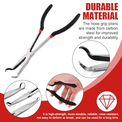 3PCS 11" Long Reach Hose Grip Pliers Set,Hose Gripper Pliers Kit,0.35/0.55/0.75in Long Reach Plier O-shape Tip Serrated Jaws,Offset Spark Plug Boot Removal Tool