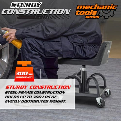 M-AUTO Padded Seat Garage Stool on Wheels, 16”-21” Height Adjustable Swivel Mechanics Seat with Tool Tray Storage for Garage and Garden, 300lbs Capacity - size: 21" Square