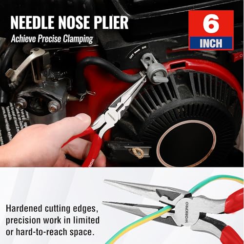 WORKPRO Pliers Set, 3-Piece Plier Tool Set with Soft Handle | 6" Needle Nose, 6" Slip Joint, 8" Groove Joint Plier for DIY & Home Use - color: Red