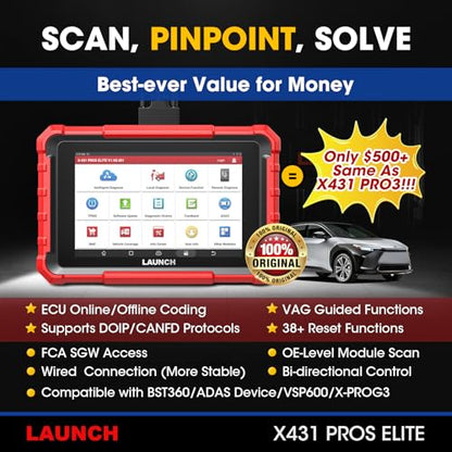 Launch X431 PROS Elite 2026 New Bidirectional Scan Tool, 38+ Services, ECU Coding, All-in-One Full System Diagnostic Scanner, Support CANFD&DoIP, FCA AutoAuth, V.A.G Guided, 2 Years Free Update