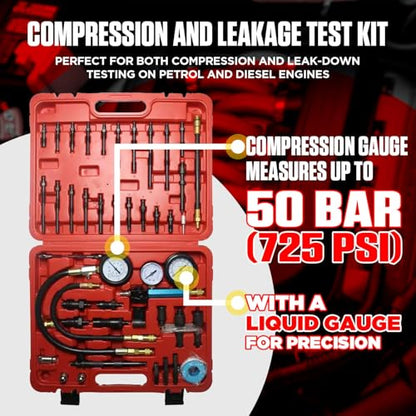 Compression and Leakage Test Kit 47PCS Petrol & Diesel Engine Compression Tester Automotive Cylinder Leak Down Tester Kit with Dual Gauge Engine Compression Tester Kit for HDi, TDCi, Pumpe Duse Engine