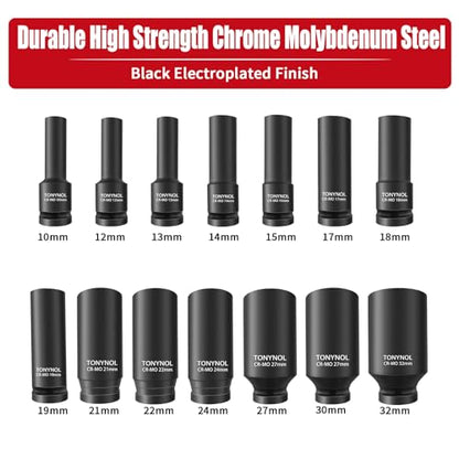 TONYNOL 1/2 Inch Deep Drive Impact Socket Set,6-Point,Metric (10mm-32mm),14 Pcs,Cr-Mo Steel,With a Storage Case - size: 1/2" 14PC Deep Metric (10-32mm), style: 6-Points