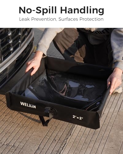 WELKIN Spill Containment Berm, Folding Duck Pond, Portable Secondary Containment Tray, for Oil Changes and Under Drip Protection (Black, 2' x 2')