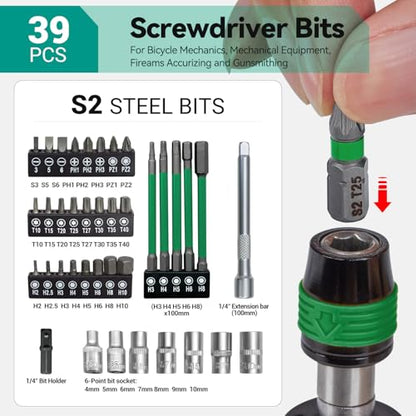 39-Piece Torque Screwdriver Set, 1/4" Hex Quick-Release Head, 10-70 In-lbs Adjustable - Multi-Bit Drive Set, Sockets, Extension Bar - Precision Cycling Tool Kit for Electronic, Bike, Home Repair