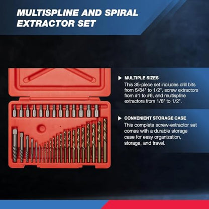 NEIKO 04206A Screw-Extractor Set, Broken Bolt Remover, Multispline and Spiral Extractors for Stripped Screws, Studs, Fittings, and Lugs, Left-Hand Drill Bits, 5/64" to 1/2", 35-Piece Set - size: 35 Piece, style: Extractor Set