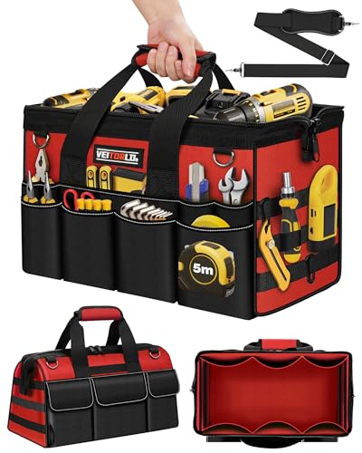 16-Inch Heavy Duty Tool Bag, 19-Pockets Tool Box Organizer, Portable Toolbag W/Soft Handle for Organized Storage, Mechanic Gifts for Men Dad Husband Fathers Day, Wide Mouth Electrician Toolbox, Red - style: Handle-Red