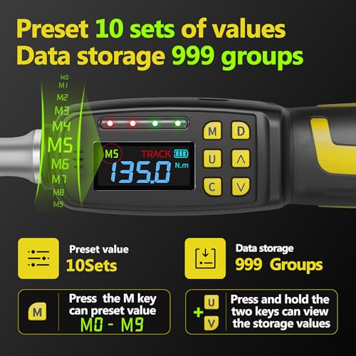 1/2-Inch Drive Digital Torque Wrench, 3.0-99.5 ft-lb (4-135 Nm) | Buzzer & LED Alerts, 72-Tooth Ratchet, 5-Inch Shaft, for Car, Wheel Lugs, Storage Case - size: 1/2" 135Nm