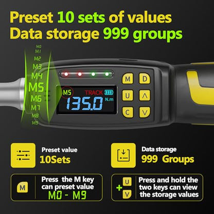 1/2-Inch Drive Digital Torque Wrench, 3.0-99.5 ft-lb (4-135 Nm) | Buzzer & LED Alerts, 72-Tooth Ratchet, 5-Inch Shaft, for Car, Wheel Lugs, Storage Case - size: 1/2" 135Nm