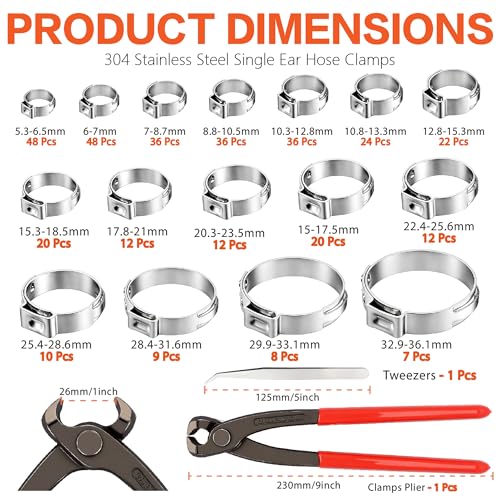 360PCS Stepless Single Ear Hose Clamp Kit - 16 Sizes 5.3-36.1mm (1/4"-1-3/8") 304 Stainless Steel Rustproof Leak-Proof Clamps with Pliers for Automotive Fuel Line, PEX Pipe, Marine & Home Plumbing - size: 360PCS