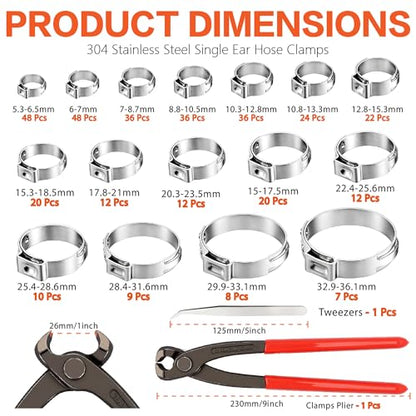 360PCS Stepless Single Ear Hose Clamp Kit - 16 Sizes 5.3-36.1mm (1/4"-1-3/8") 304 Stainless Steel Rustproof Leak-Proof Clamps with Pliers for Automotive Fuel Line, PEX Pipe, Marine & Home Plumbing - size: 360PCS