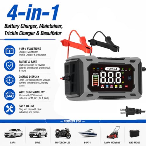 6-Amp 12V Smart Car Battery Charger, Battery Maintainer Trickle Charger with Desulfator, Pulse Repair & Overcharge Protection - for Car Lawn Mower Marine Lead-Acid Batteries (Gray) - color: Gray