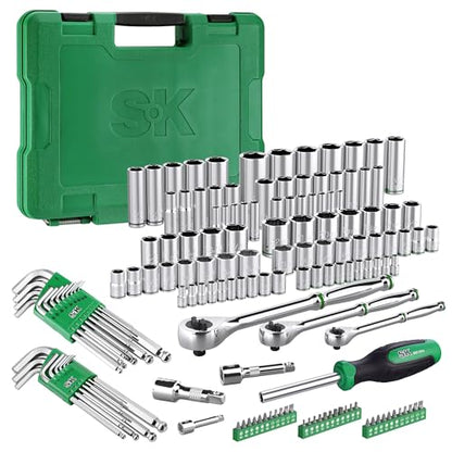SK Mechanics Tool Set, 1/4'' & 3/8'' & 1/2'' Drive Sockets, SAE & Metric | 149-Piece Tool Kit with 216-P Quick-Release Ratchet, SuperKrome Finish, Heat Treated, with Storage Suitcase