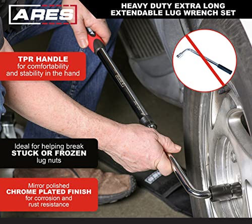 ARES 57001 – Heavy Duty Extendable Lug Wrench Set – High-Torque Lug Wrench Extends from 17.5 to 23.5 Inches (447mm to 600mm) – Includes 2 Double-Sided 6-Point Sockets for Broad Vehicle Coverage - size: Heavy Duty Extra Long Extendable Lug Wrench Set
