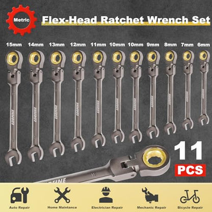 Egofine Flex Head Ratcheting Wrench Set 11 Piece, Metric Wrench Set, CR-V Steel 6-15mm Wrench, 72-Teeth Combination wrench set, Nickel Plating Ratchet Wrenches Set with Tool Roll Bag - style: Metric-11 piece set