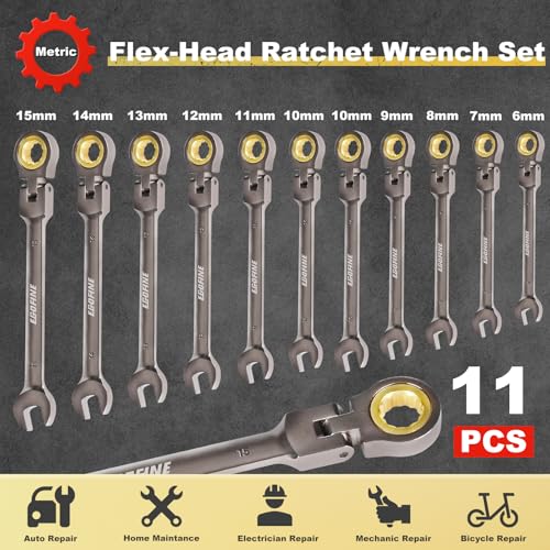 Egofine Flex Head Ratcheting Wrench Set 11 Piece, Metric Wrench Set, CR-V Steel 6-15mm Wrench, 72-Teeth Combination wrench set, Nickel Plating Ratchet Wrenches Set with Tool Roll Bag - style: Metric-11 piece set