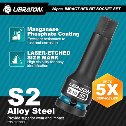 LIBRATON Impact Hex Bit Socket Set, 1/2" Dr, S2 Steel, Metric & SAE 20PCS (H5-H19 & 1/4"-3/4") High Torque Sockets for Professional Mechanics & Automotive Repair (XPE Storage Cases) - style: Metric & SAE