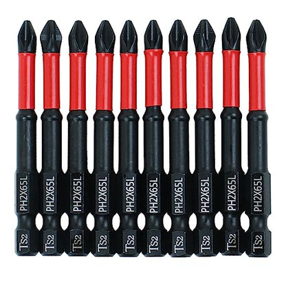 10 Pack PH2 Magnetic Anti-Slip Impact Driver Bits, 2-1/2 Inch | 2.5" Long Phillips Bit with Anti-Slip Tip, Strong Magnetic Holding Impact-rated Durability Phillips #2 Bits for Impact Driver - size: Length:65mm