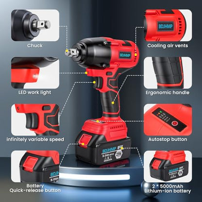 Cordless Impact Wrench 1/2", 1106 FT-lbs 1500Nm Brushless Impact Gun Compatible with Makita 18V Batteries, 2 * 5.0 Ah Multifunction Power Impact Driver for Home Car Truck Mower