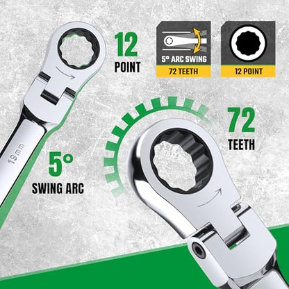 SK Flex Head Ratcheting Wrench Set, SAE 3/8"-3/4", Metric 10-19mm, 14-Piece | Ratchet Wrenches Set 72-Tooth, Combination Wrench Set, Chamfered Head Design, Premium CR-V Steel, Roll-Up Pouch - size: METRIC&SAE