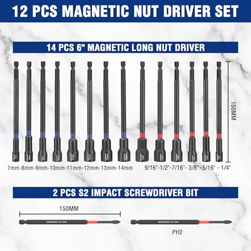 WORKPRO 16-Piece Magnetic Nut Driver Set and Bit, 6" Long Nut Drivers, Metric & SAE Nut Drivers for Impact Drill, Long Shank Nut Driver Bits, 1/4"Hex Shank, Long Power Bits, PH2, with Sturdy Tool Box - size: 16PCS Magnetic Long Nut Driver Set