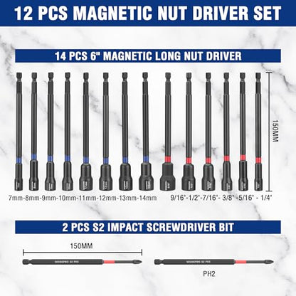 WORKPRO 16-Piece Magnetic Nut Driver Set and Bit, 6" Long Nut Drivers, Metric & SAE Nut Drivers for Impact Drill, Long Shank Nut Driver Bits, 1/4"Hex Shank, Long Power Bits, PH2, with Sturdy Tool Box - size: 16PCS Magnetic Long Nut Driver Set