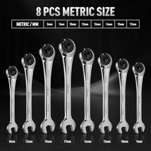 DISEN 8PCS Flare Nut Wrench Set Brake Line Ratcheting Wrench Set | Metric 8-17mm, CR-V Steel with Organizer Pouch, Father's Gift - style: 10PCS Flare Nut Ratcheting Wrench Set