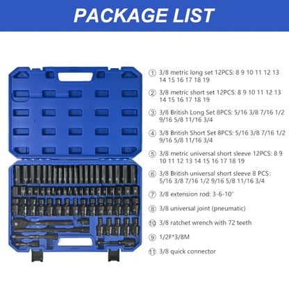 Air Tool and Accessories Kit, 67 Pieces, Universal Short Sets, Extension Rods, Pneumatic Universal Connectors, Ratchet Wrenches, Quick Couplings-Black,Blue - color: Black + Blue + Steel