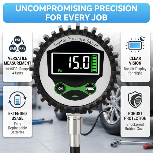MEANLIN MEASURE Digital Vacuum Pressure Gauge -15-15 PSI, 1/4" NPT Lower Mount Pressure Gauge with Rubber Protective Cover, Suitable for Pneumatic System - size: -15-15 PSI