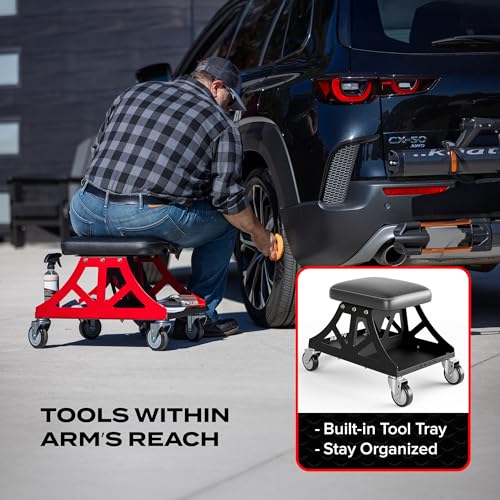Vyper Low Pro Garage Stool with Removable Seat for Mechanics, Black Frame | Robust steel garage stool with 400 lb capacity, large industrial casters, foam seat, tool tray, and red frame for auto or DIY - color: Black Seat, Black Frame
