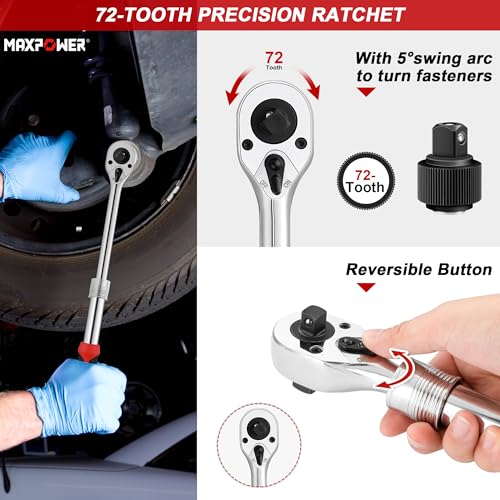 MAXPOWER Socket Wrenches Set, Extendable Ratchet Wrench 72-Tooth Reversible Ratcheting and 360 Flex Head Breaker Bar, Both Double Head 1/2" & 3/8" Drive