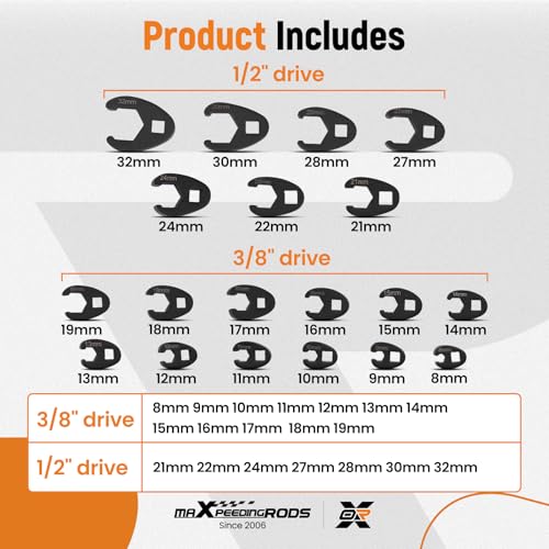 maXpeedingrods Crows Foot Wrench Set 1/2" and 3/8” Drive Flare Nut Crowfoot Set, 19 Pcs 8-32 mm 6 Point Crows Feet Wrenches, Large & Small Metric Flare Nut Tool Kit for Nut Removal and More