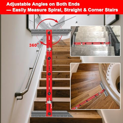 Stair Tread Template Tool – Stair Tread Gauge Jig, Aluminum Alloy Measuring and Scribe Tool for Accurate Angle, Depth, and Length Measurement of Stairs, Risers, and Partitions - color: RedGray